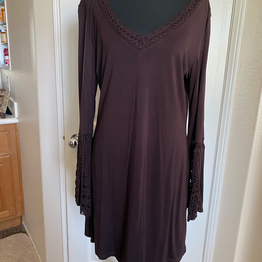 Brown V-Neck Bell Sleeve Casual Dress